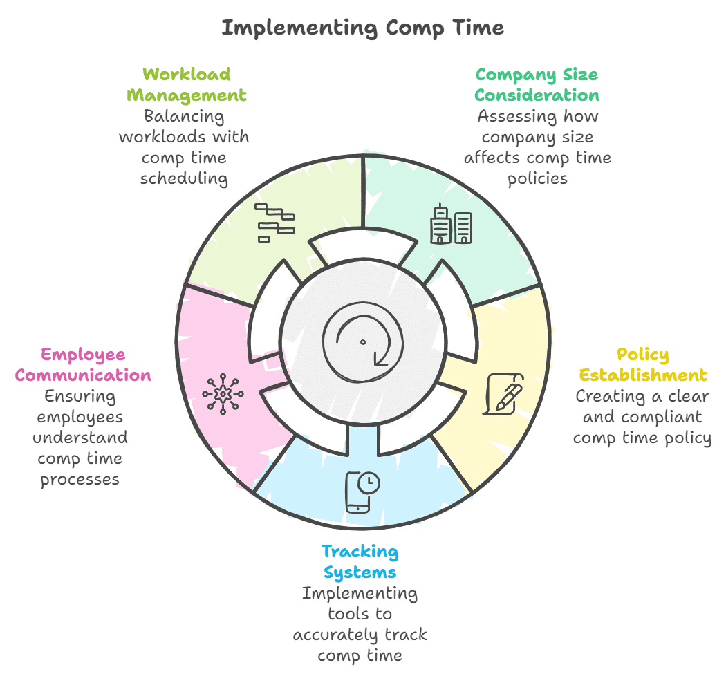 Steps to implement comp time: workload management, policy creation, employee communication, and tracking systems.