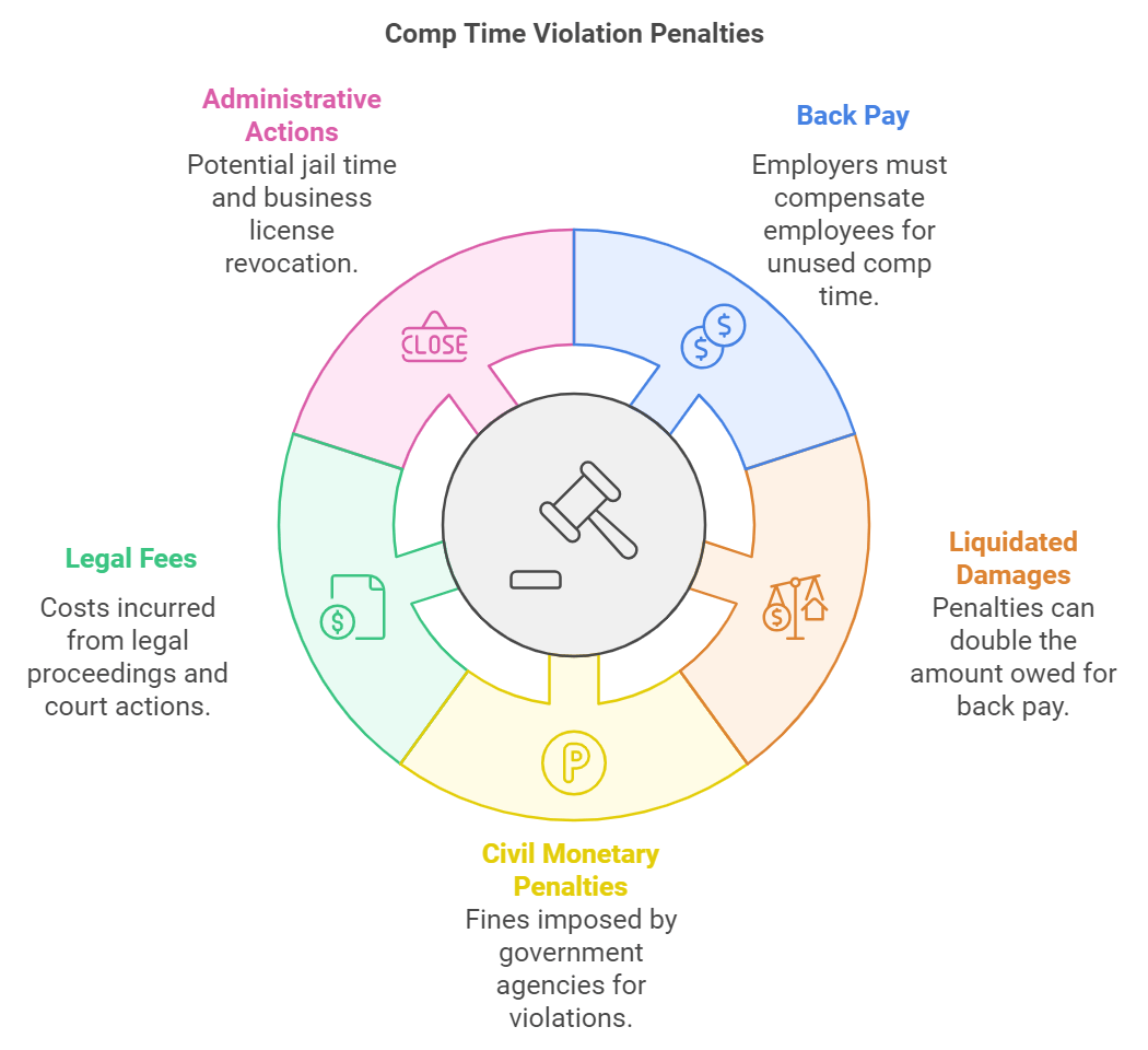 Penalties for comp time violations, including back pay, legal fees, civil fines, liquidated damages, and jail time.