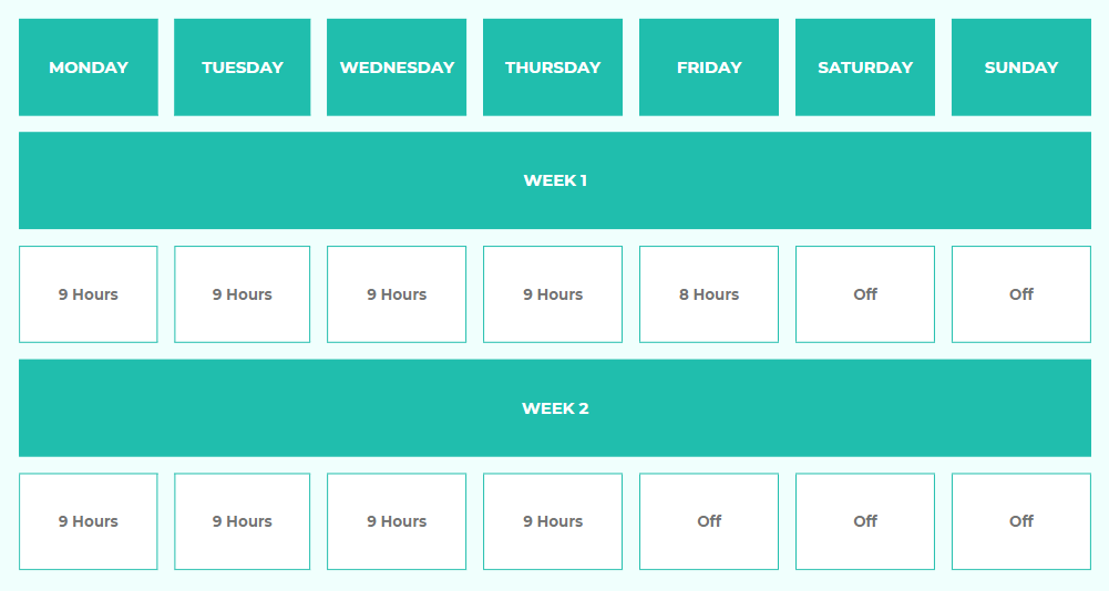 Picture of a table showcasing the 9/80 shift schedule.