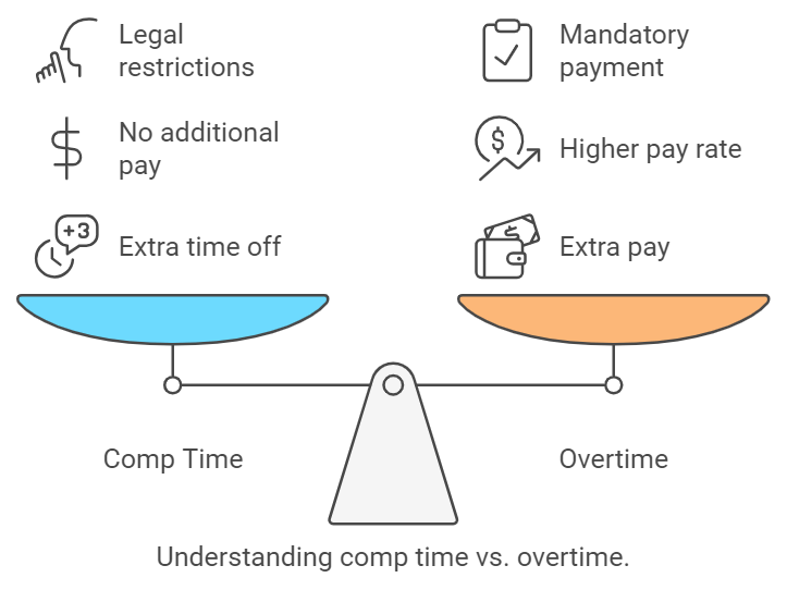 Comparison of comp time vs overtime, showing benefits like extra time off vs higher pay, mandatory payment, and legal restrictions.