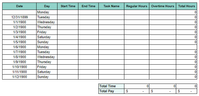 Image of a bi-weekly time tracking template in Google Sheets