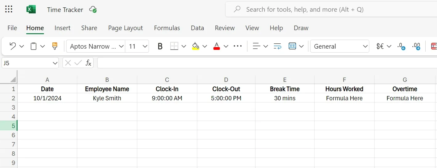 Image of time tracking template in Excel