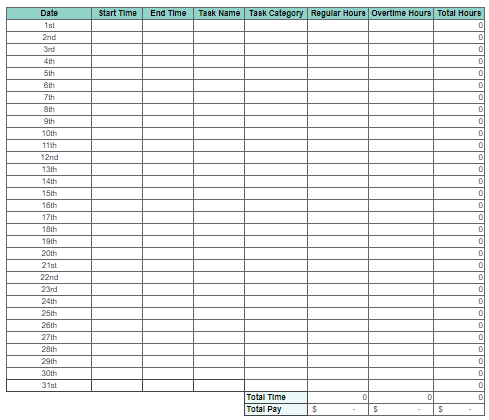 Image of a monthly time tracking template in Google Sheets