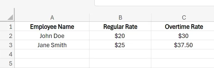 Image of different pay rates on a table in Excel