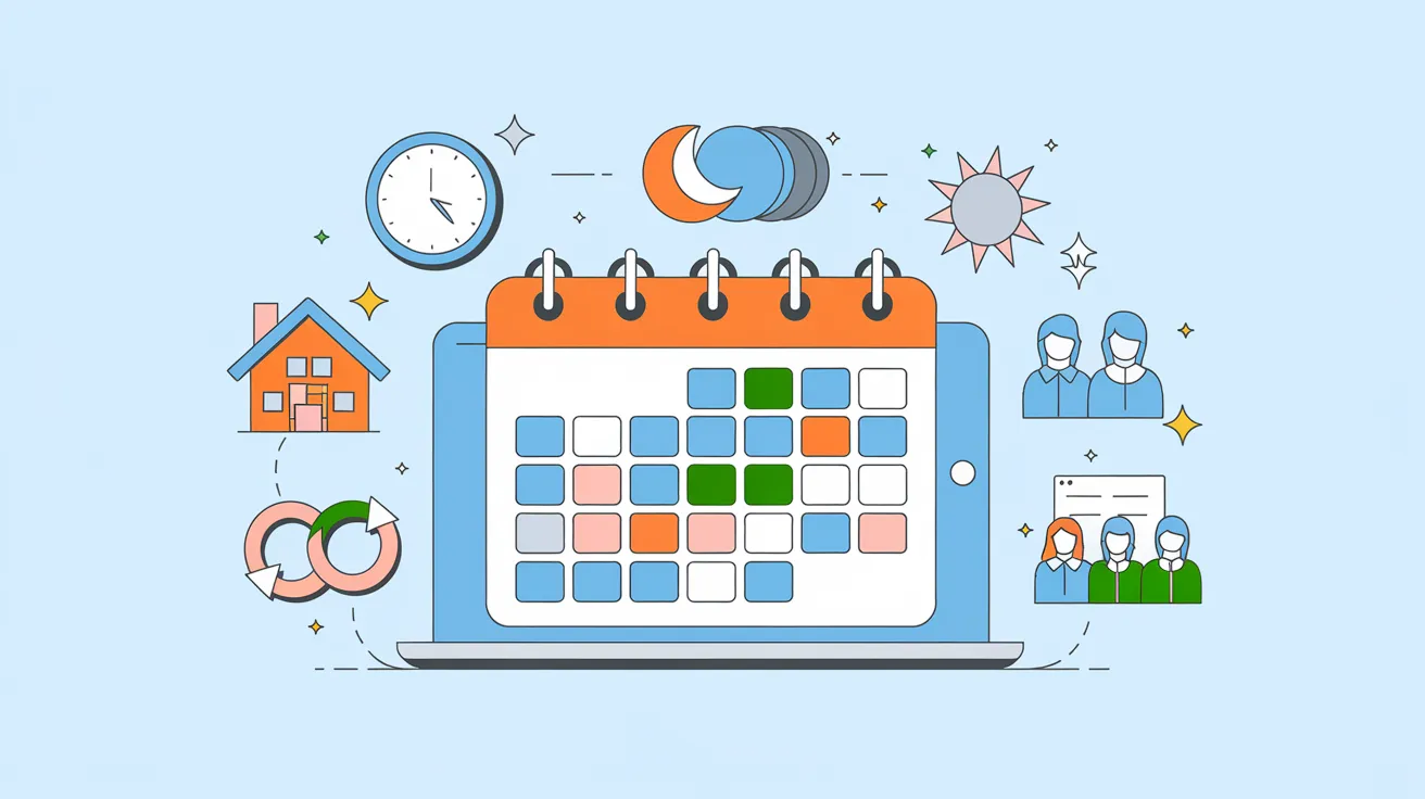 Illustration of shows calendar, clock, day & night cycles, employee management, representing different work schedules.