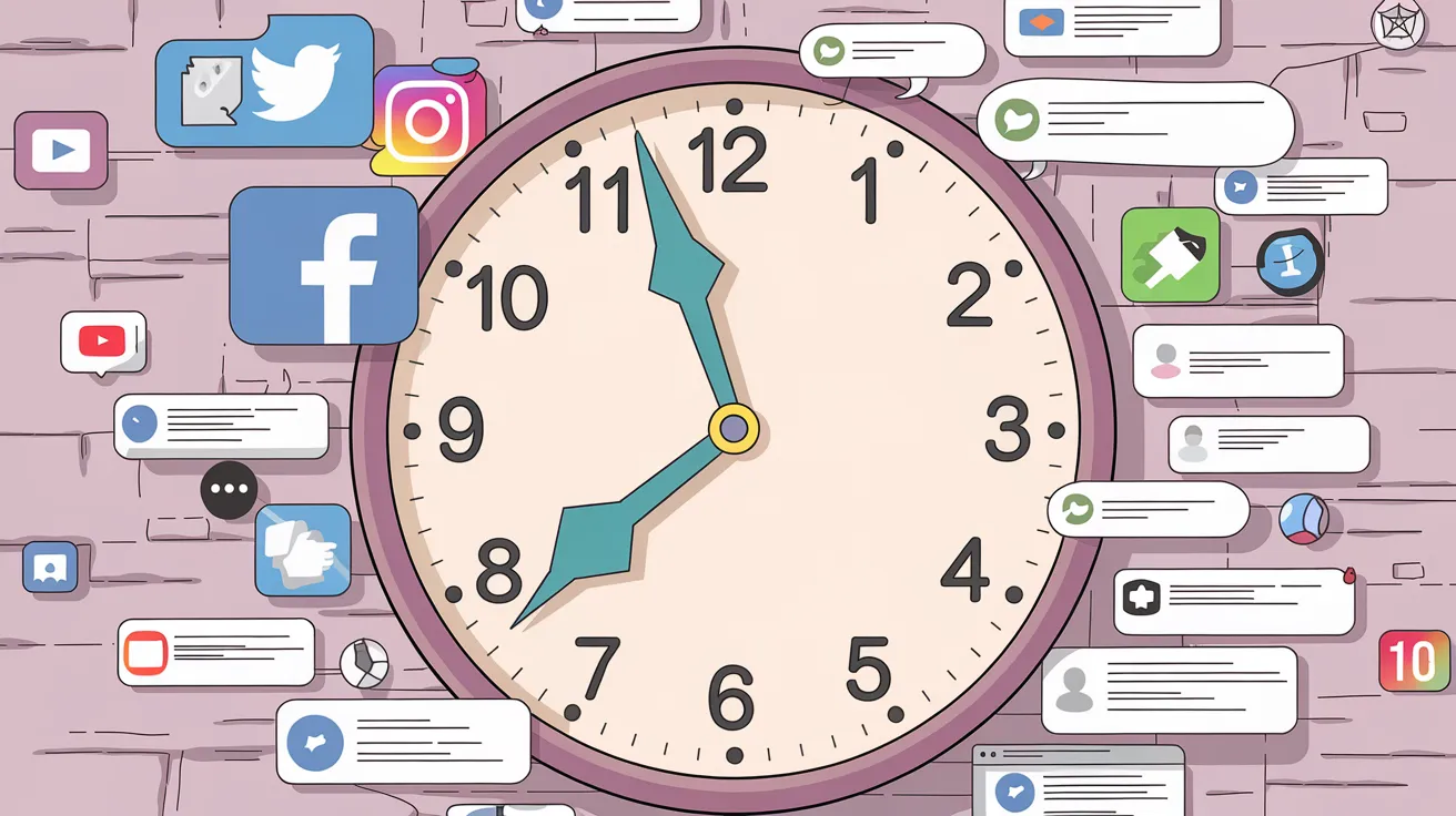 An illustration of distracting icons like social media logos and notifications surrounding a clock, pulling attention away.