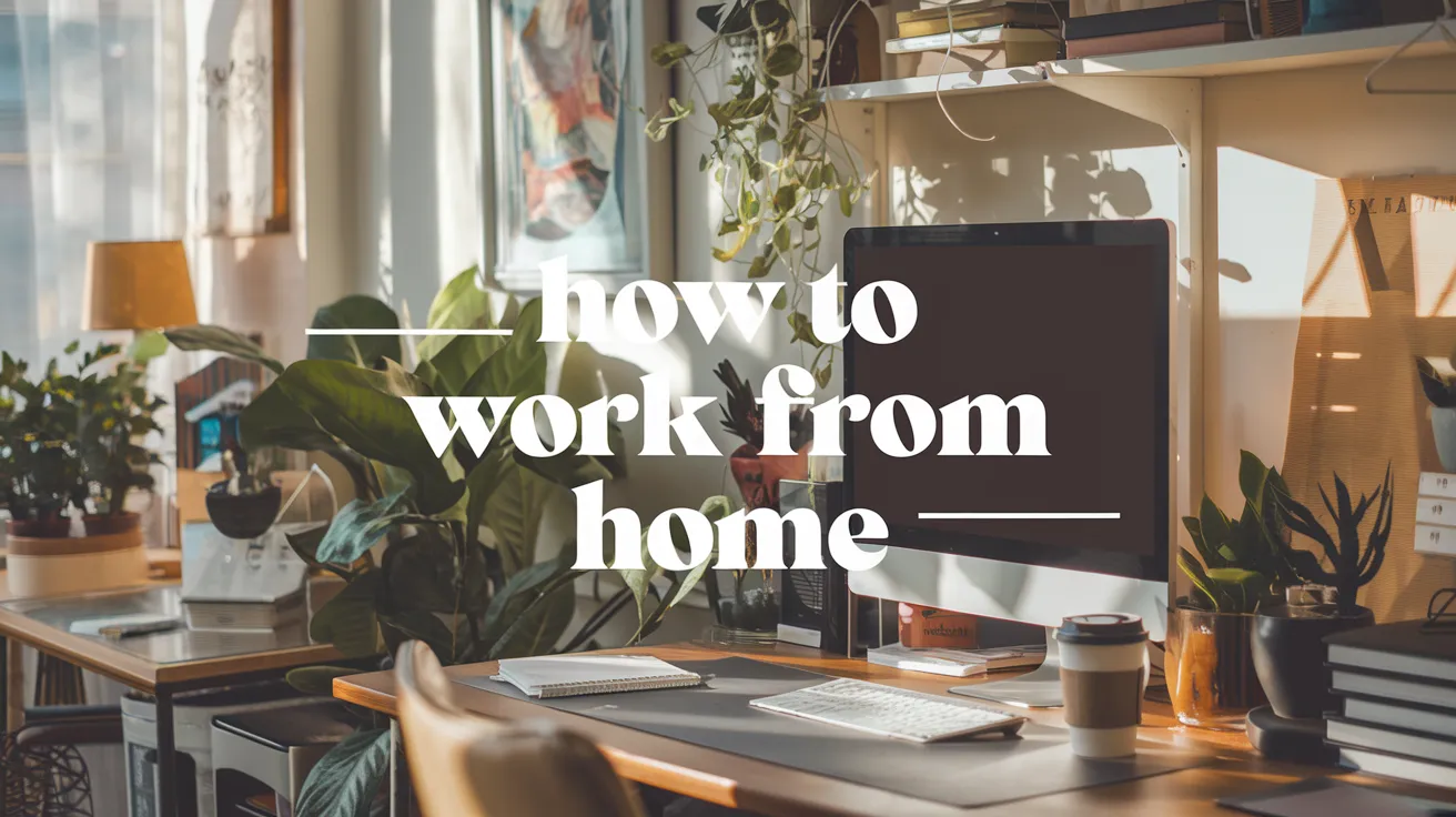 Home office desk setup with plants, a computer, and coffee cup, displaying the text 'how to work from home' on the screen.