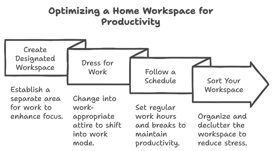 Tips for a productive home workspace: create work area, dress for work, set a schedule, declutter workspace.