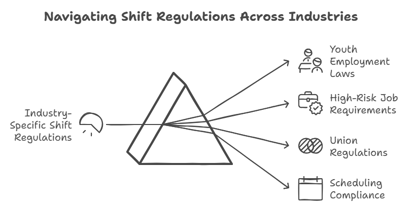 Diagram of industry-specific shift regulations linked to various compliance requirements.