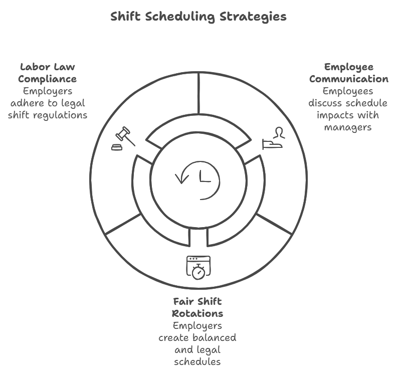 Shift scheduling strategies: labor law compliance, fair rotations, and employee communication.