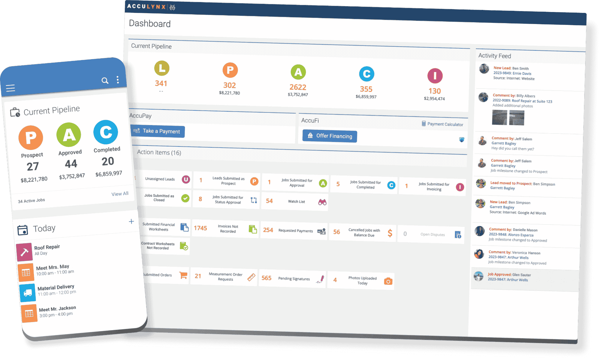 AccuLynx both mobile and desktop software dashboard.