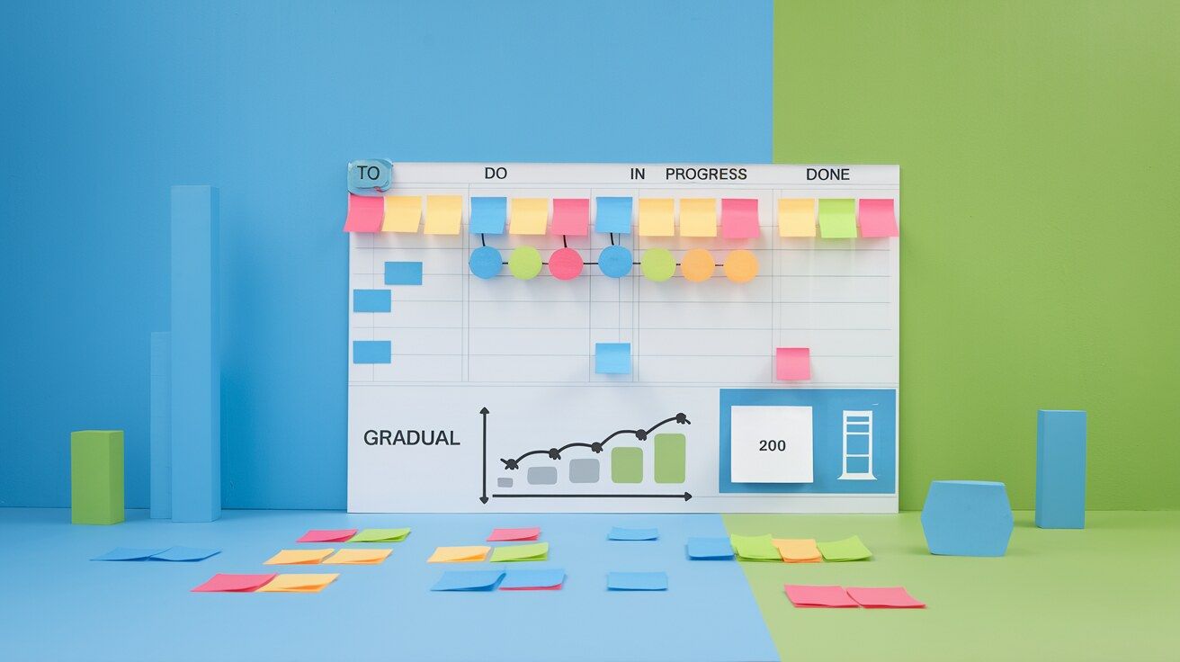 Abstract representation of Agile planning with colorful sticky notes and flow charts in a bright workspace.