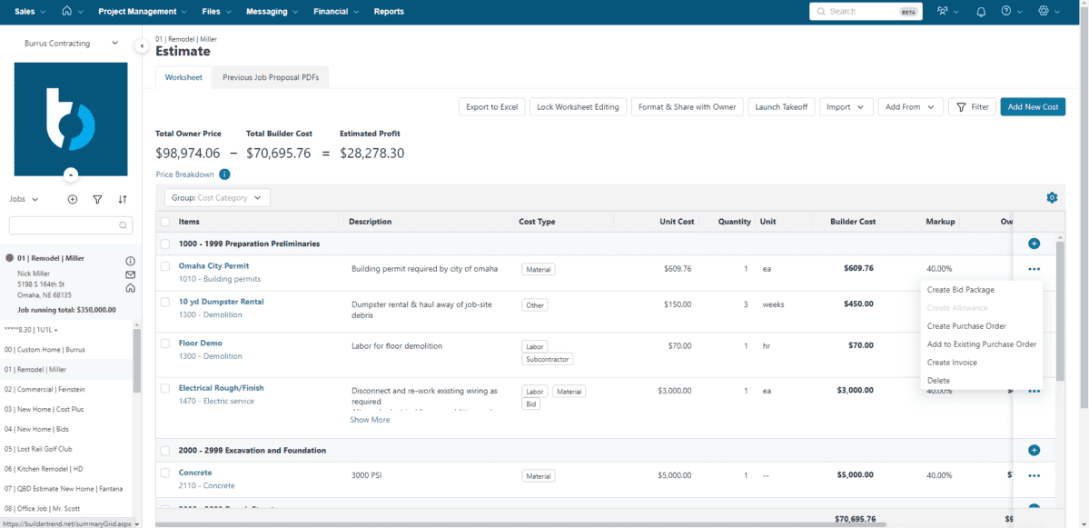 Buildertrend roofing contractor software dashboard.