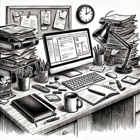 Detailed black-and-white illustration of a cluttered desk with papers, a computer, and supplies.