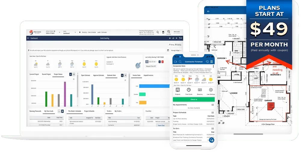 Contractor Foreman dashboard on desktop, mobile, and tablet.