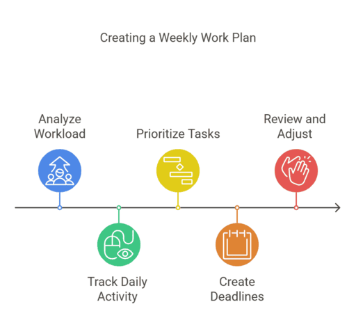 Timeline for creating a weekly work plan, including analyzing workload and reviewing tasks.