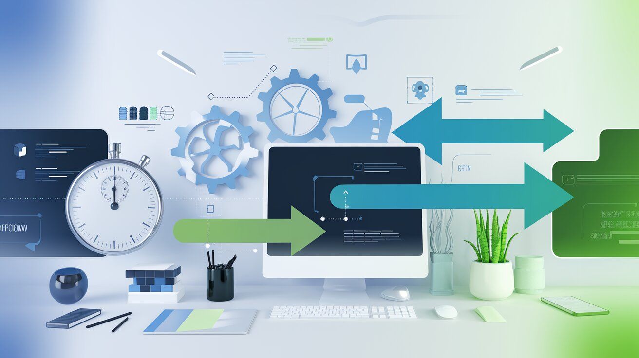 Abstract workflow with gears, stopwatch, and arrows symbolizing efficiency and cycle time calculation.