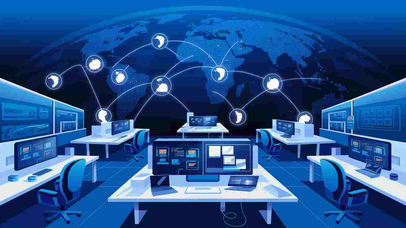 High-tech control room with monitors, global map, and connected nodes that connect members from different locations.