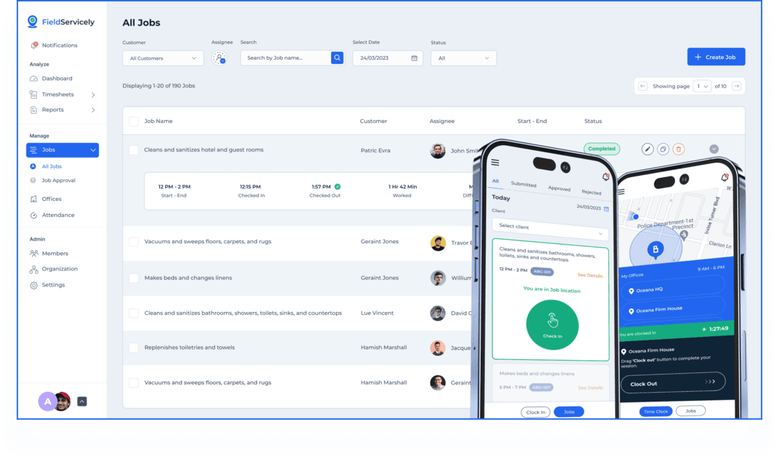 Field service management software interface displaying job assignments on desktop and mobile.