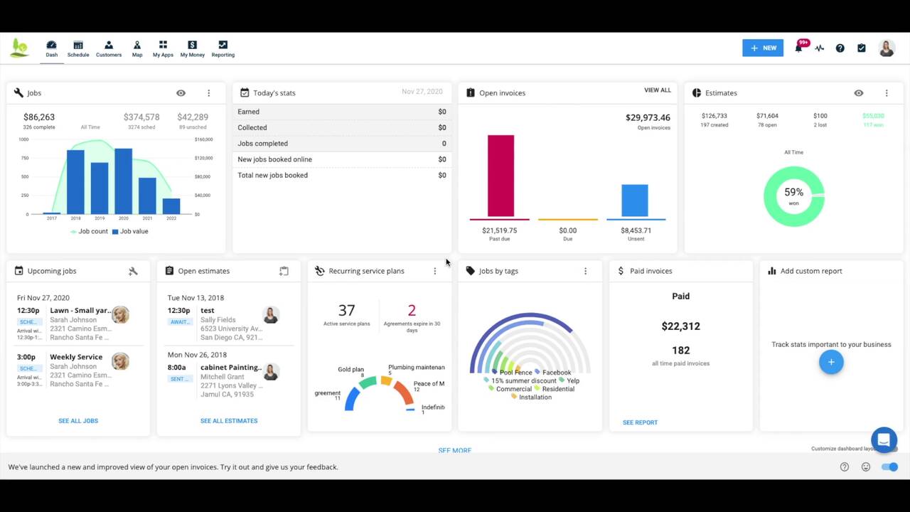 An image displaying showing Housecall Pro exporting a job and other features in a single dashboard.