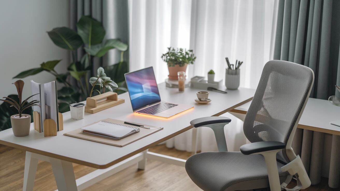 Minimalist home office desk setup with a laptop, notebook, plants, and a comfortable chair by a window.