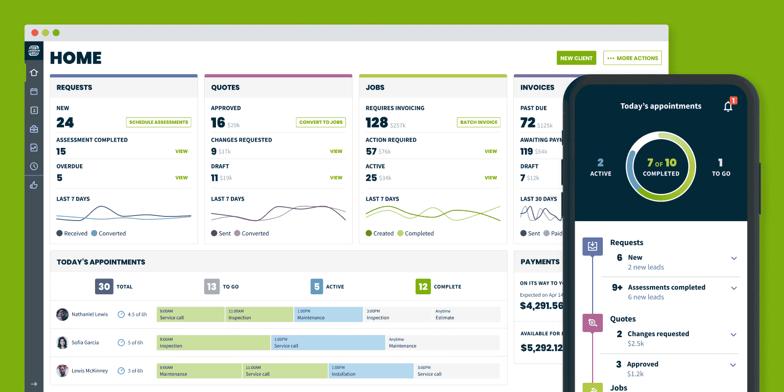 An image displaying Jobber mobile device and web software dashboard with various features.