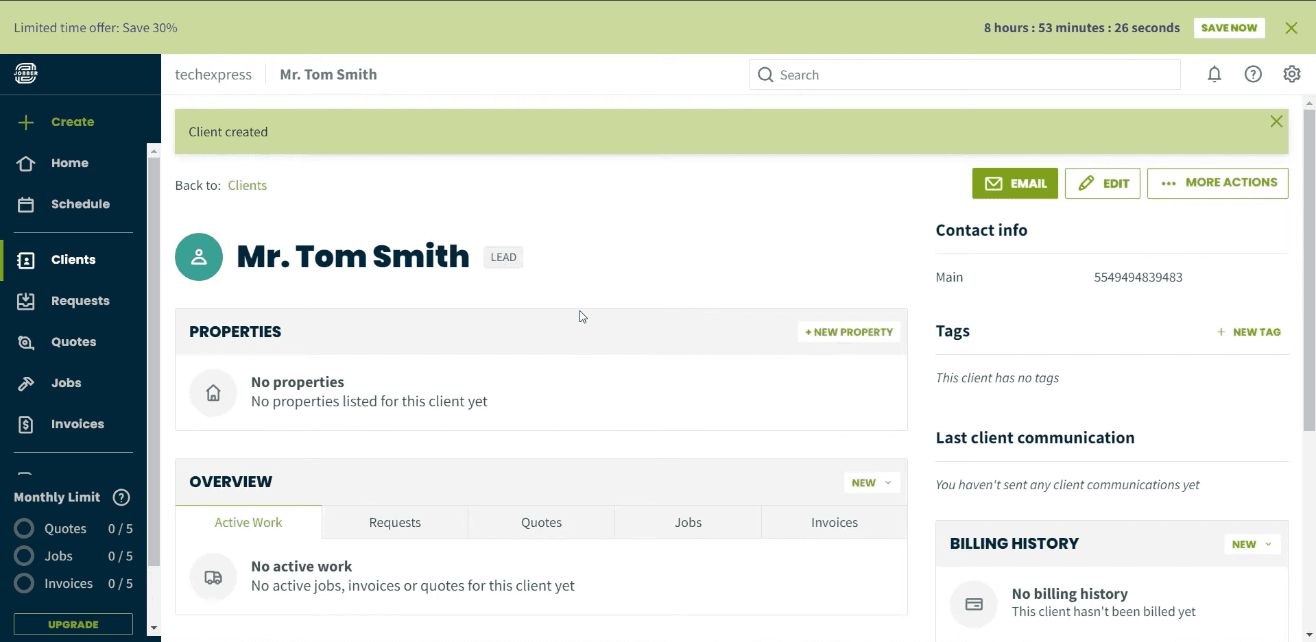 Jobber client dashboard showcasing your handyman business’s customer details.