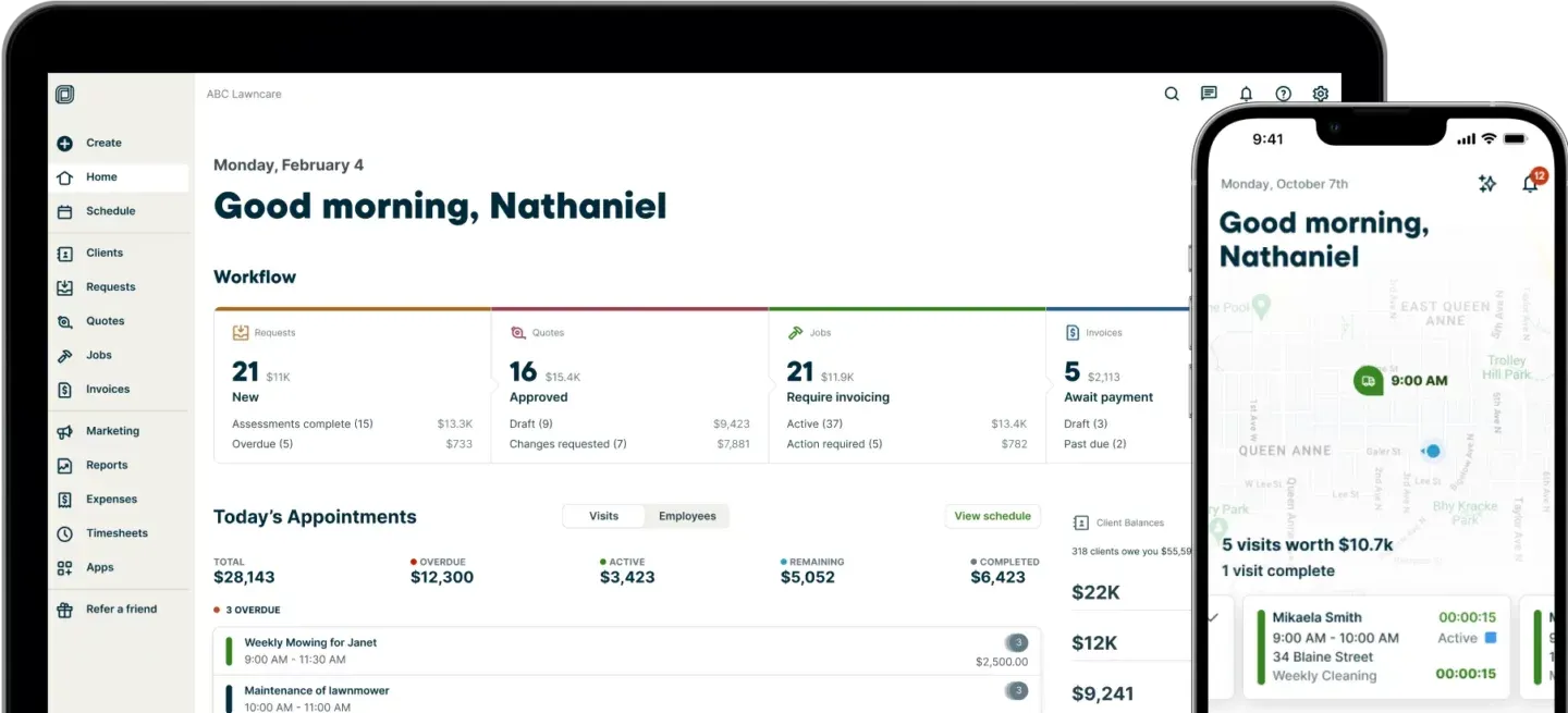 Jobber dashboard on desktop and mobile.