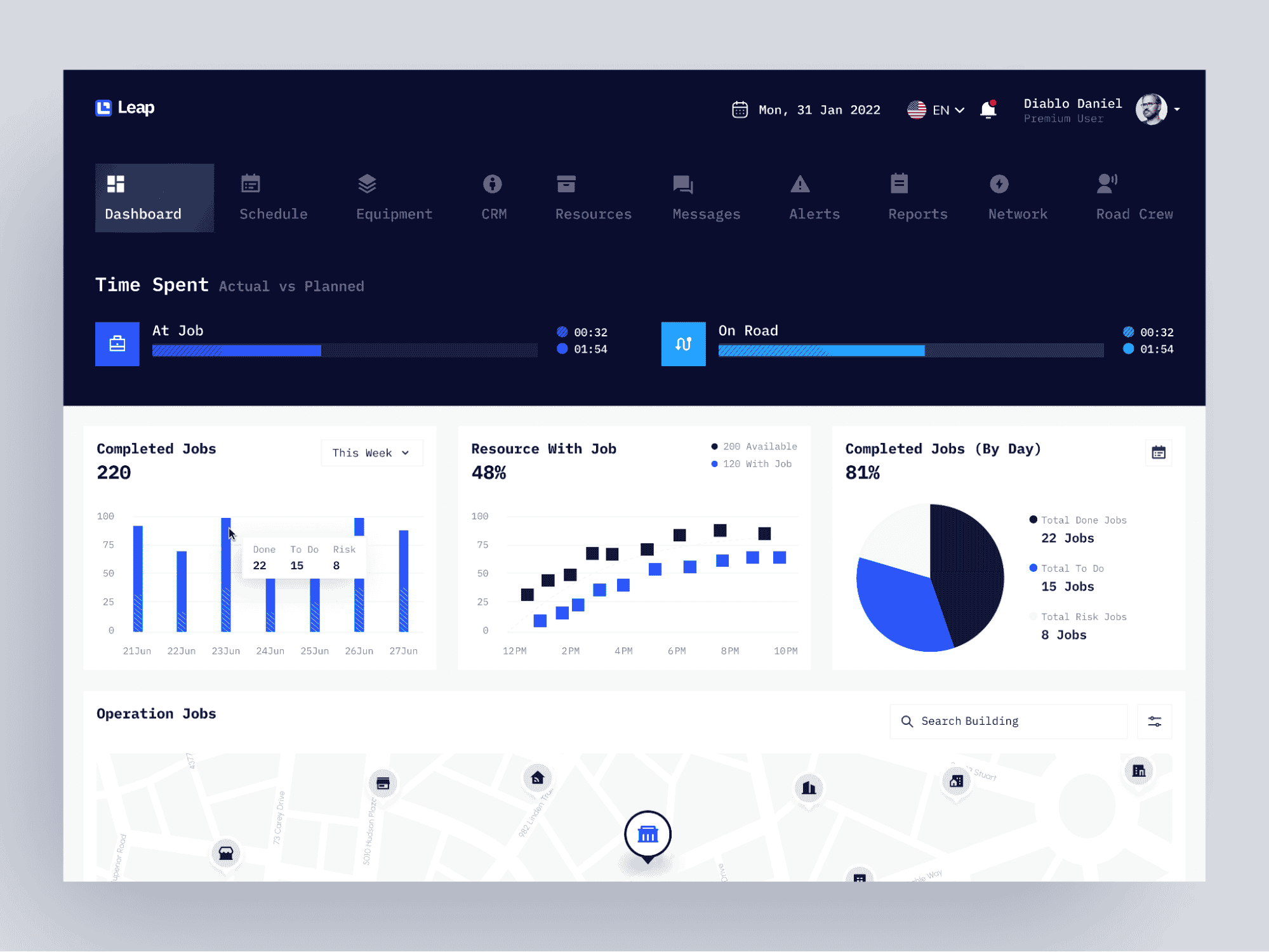 Leap roofing contractor software dashboard.