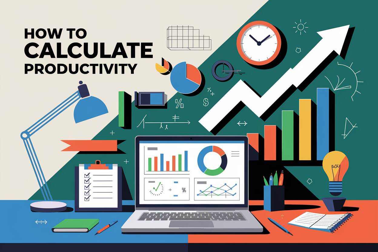 Illustration on calculating productivity with charts, graphs, a laptop, a clock, and office items.