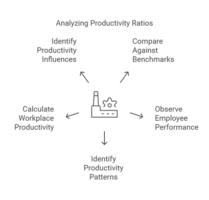 Diagram on analyzing productivity ratios with steps like identifying patterns and comparing benchmarks.