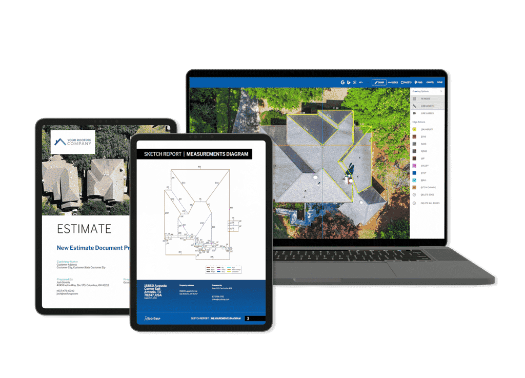 Roofsnap dashboard in laptop, mobile device, and tablet.