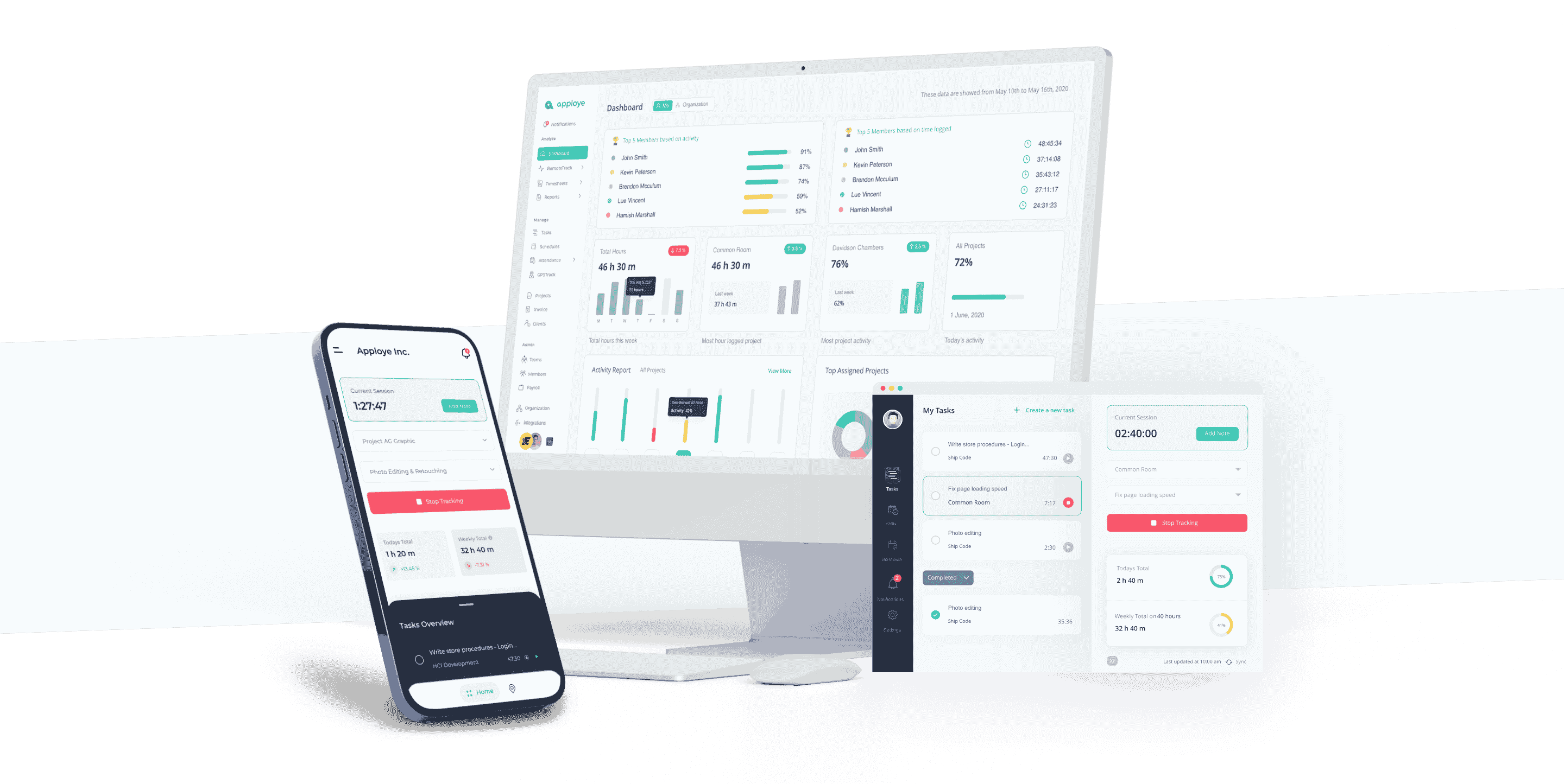 Apploye dashboard and time tracker running on desktop and mobile.