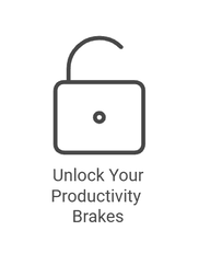 Icon of an unlocked padlock with the text 'Unlock Your Productivity Brakes' below it.