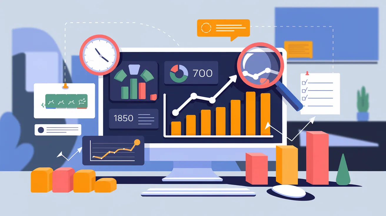 A computer screen displays data analytics with charts, graphs, and a magnifying glass highlighting trends.