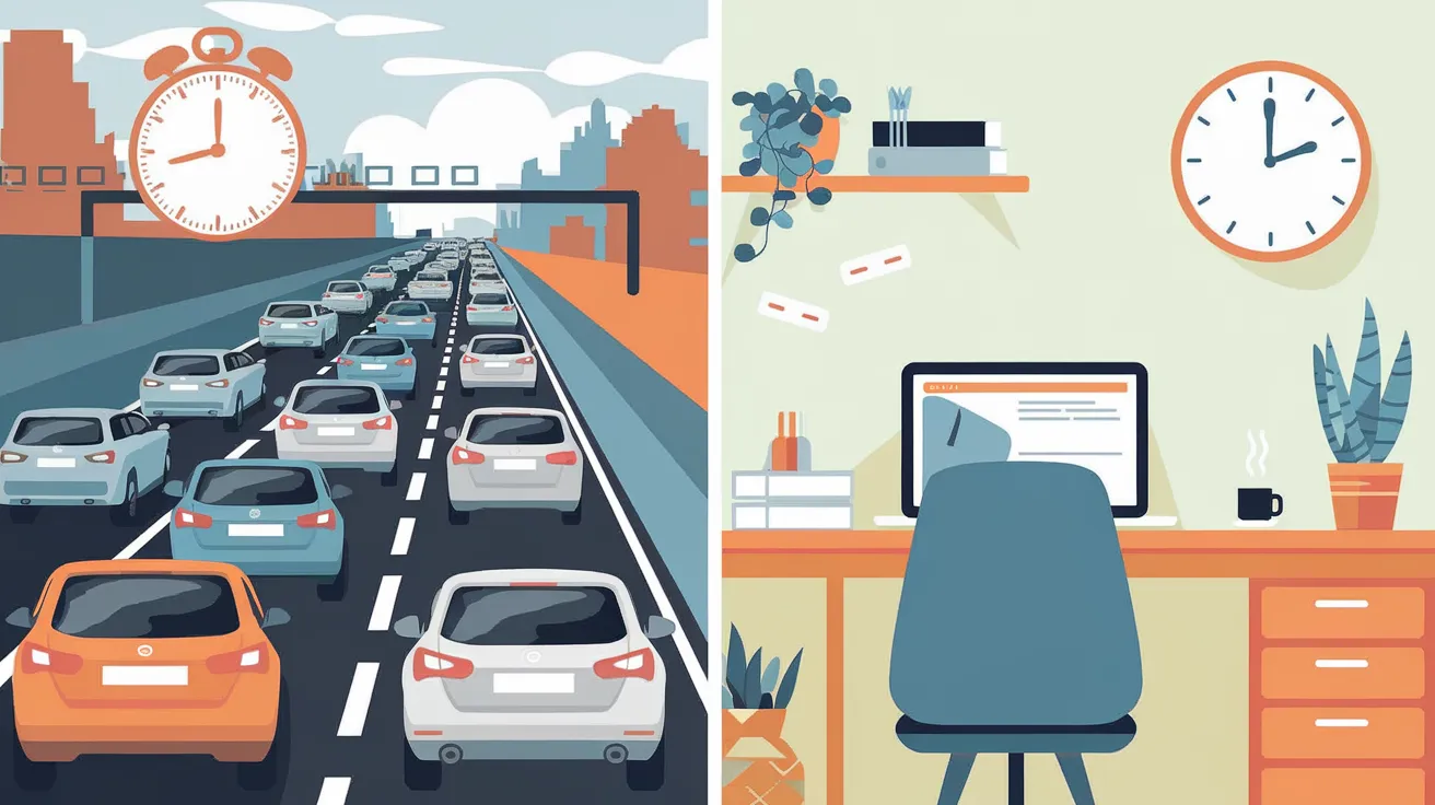 A split image of traffic congestion with a clock and a peaceful home office with a desk and computer. 