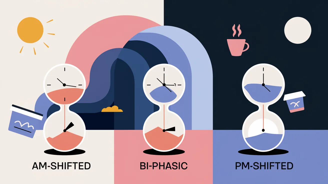  Three hourglasses represent AM-shifted, bi-phasic, and PM-shifted sleep patterns with day and night themes. 