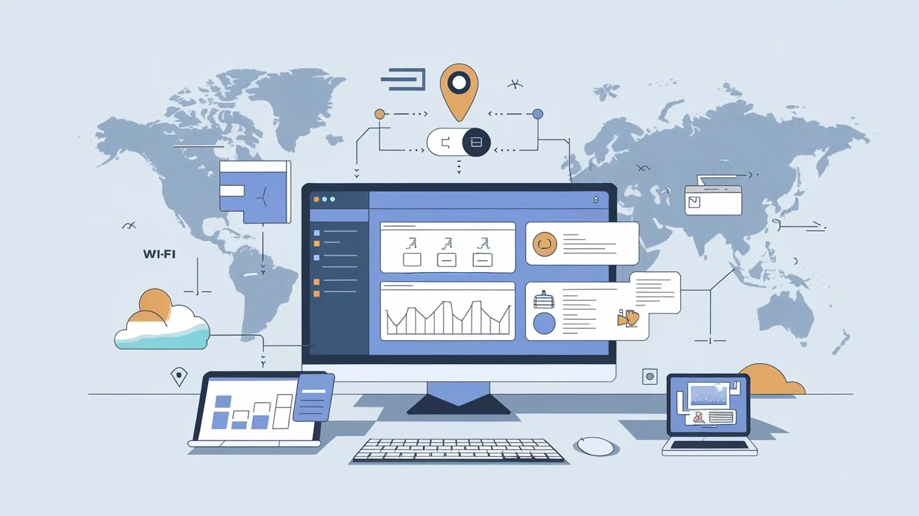 A computer screen with data analytics is connected to global networks, maps, and cloud storage icons. 