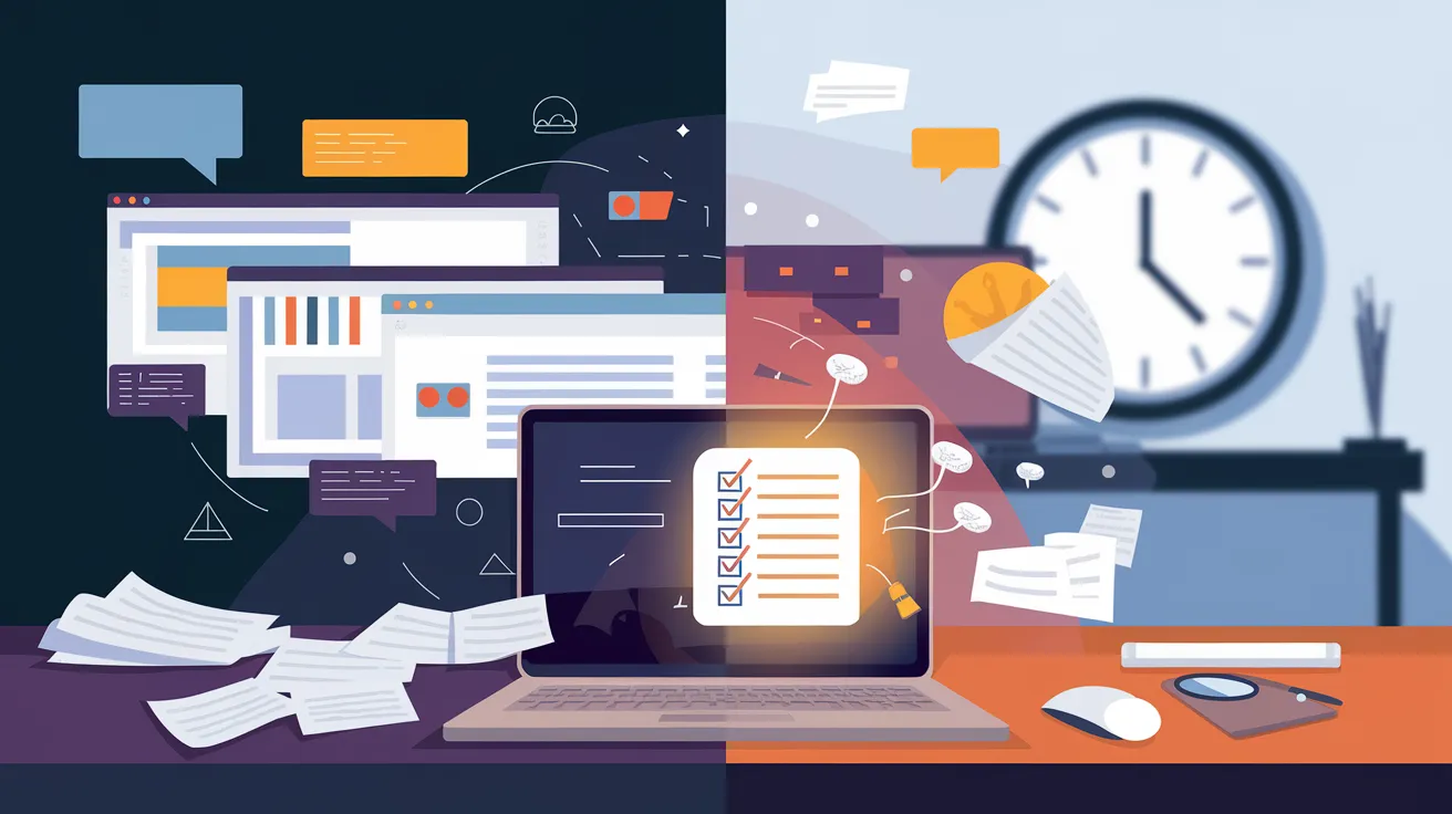 A split-image of digital distraction and focused work, with a laptop, checklist, floating papers, and a clock. 