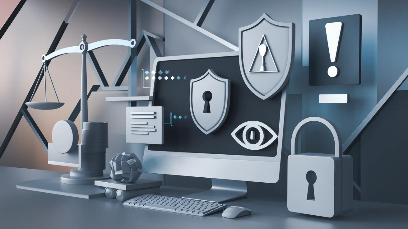  A computer screen displays cybersecurity icons, including shields, a lock, an eye, and a warning sign. 