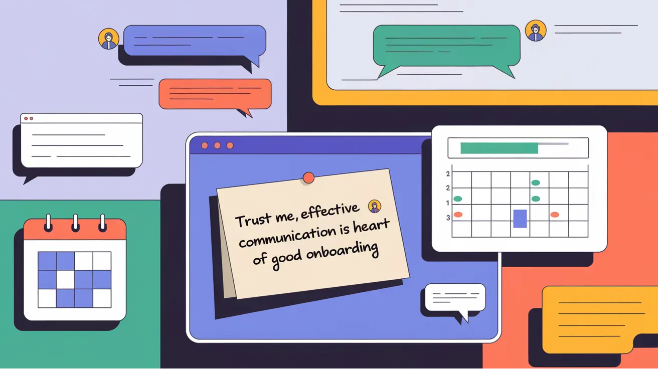 A digital workspace with chats, calendars, and a note saying, "Effective communication is key."