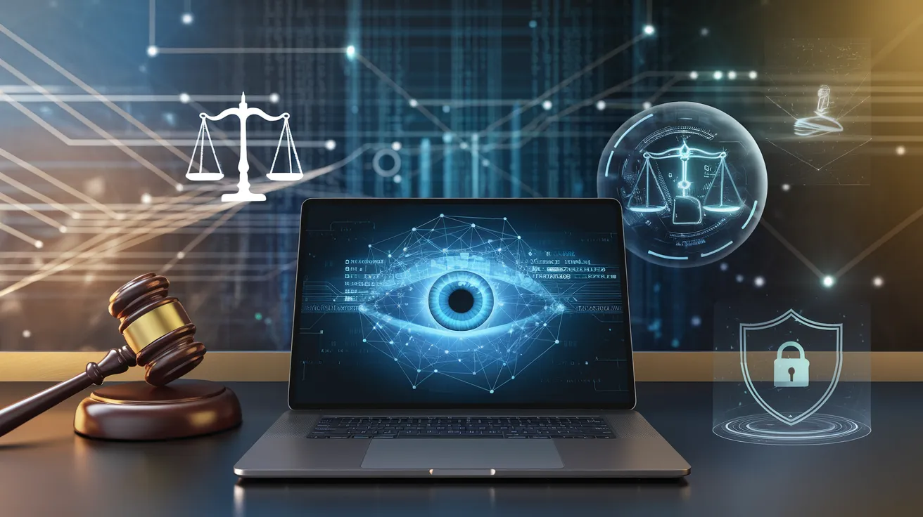 Office desk with a laptop showing a digital eye, legal scales, and a shield, symbolizing employee monitoring laws.