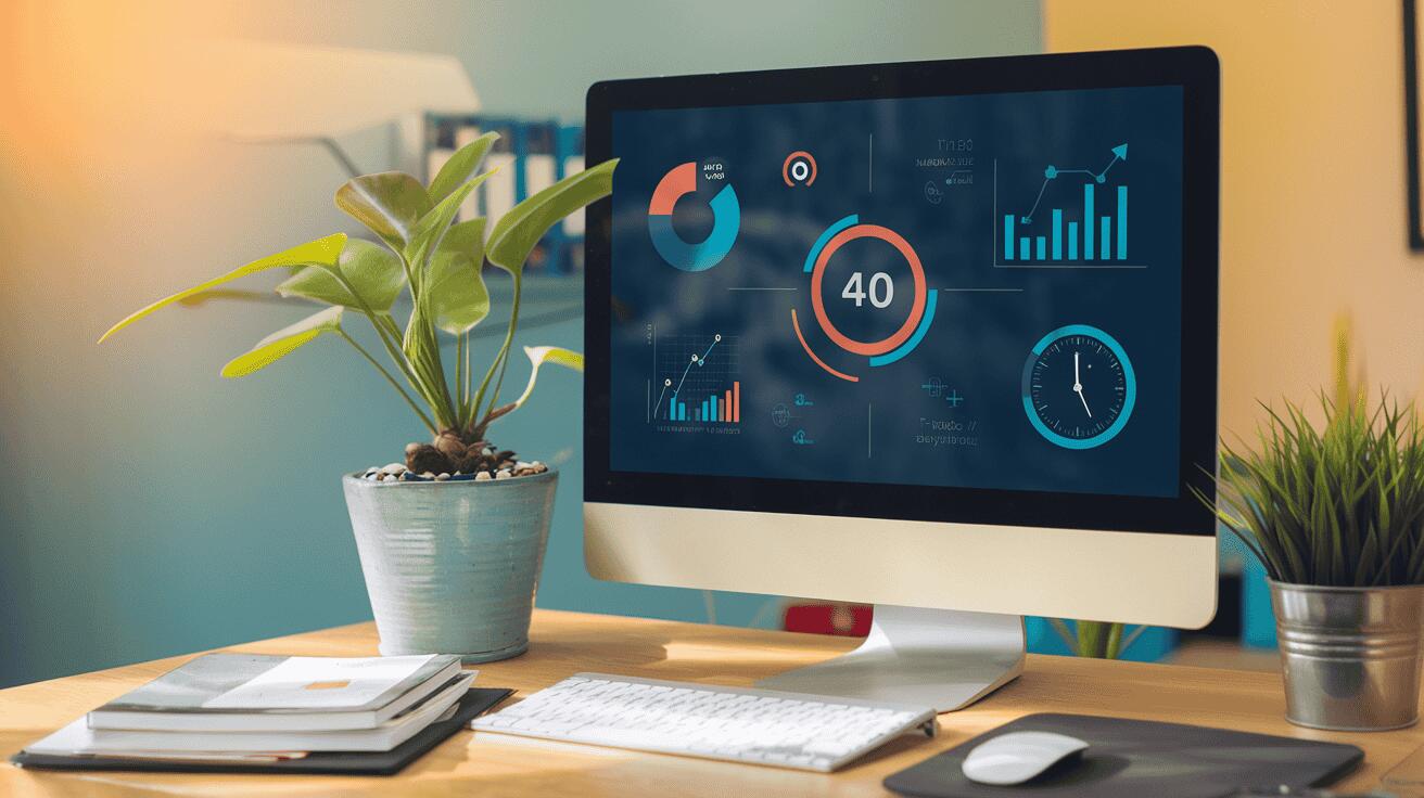 A modern, cozy workspace with a computer showing productivity data and abstract digital icons.