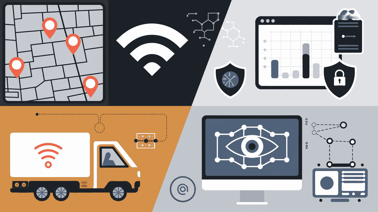 Split image showing employee tracking with GPS and badges vs. employee monitoring with screen activity and analytics.