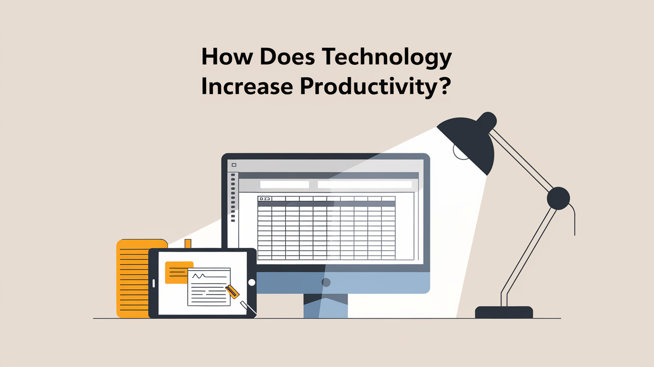 Illustration of a computer, tablet, and desk lamp with the text 'How Does Technology Increase Productivity?