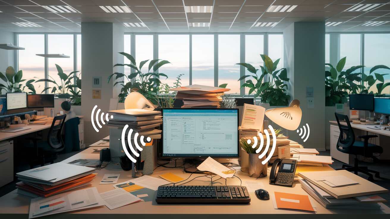 A cluttered office with noise sources like a loud keyboard, ringing phone, and uneven lighting.