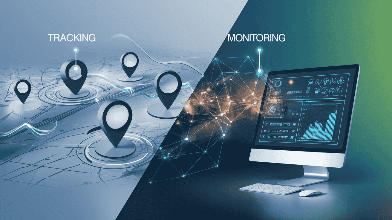 Abstract image showing location pins for tracking and data connections for monitoring on a tech-themed background.