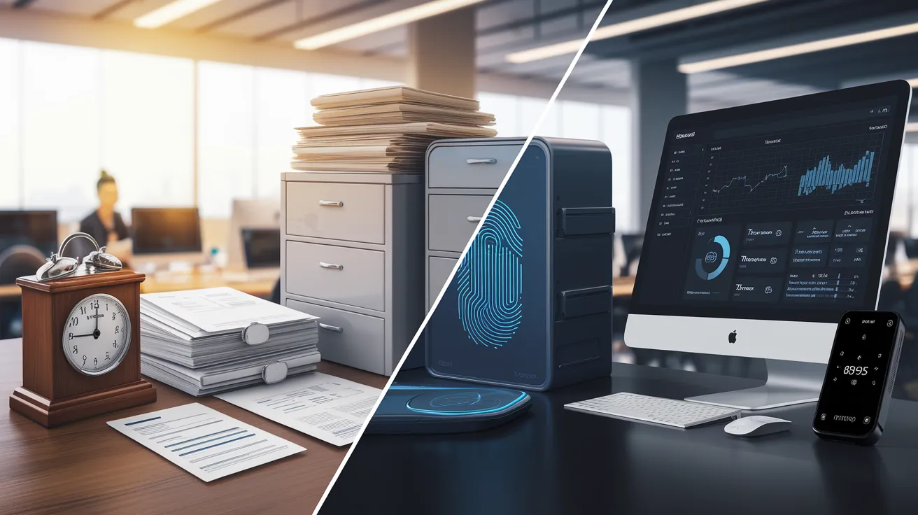 Comparison of traditional punch clocks and paper timesheets vs. modern digital employee tracking tools.