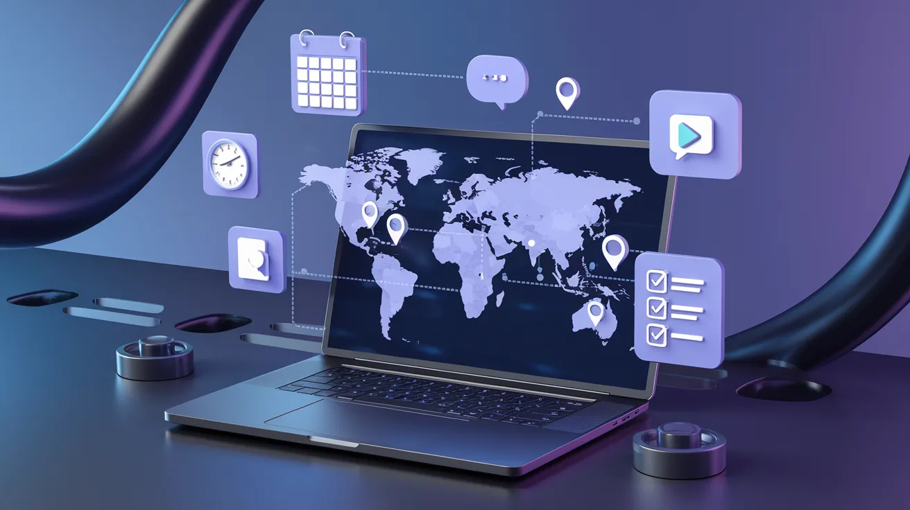 A laptop displaying a world map with location markers, surrounded by floating digital icons.