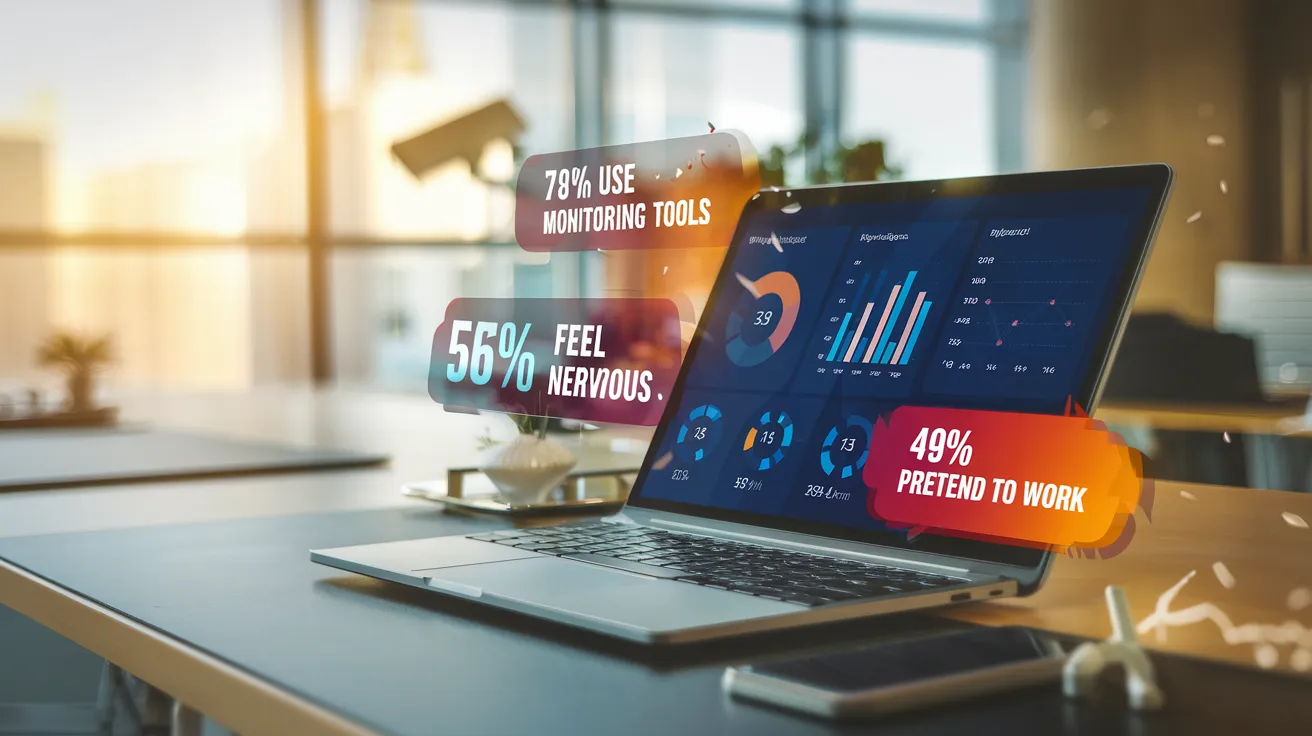 Office desk with a laptop showing employee monitoring stats, floating infographics, and a security camera.